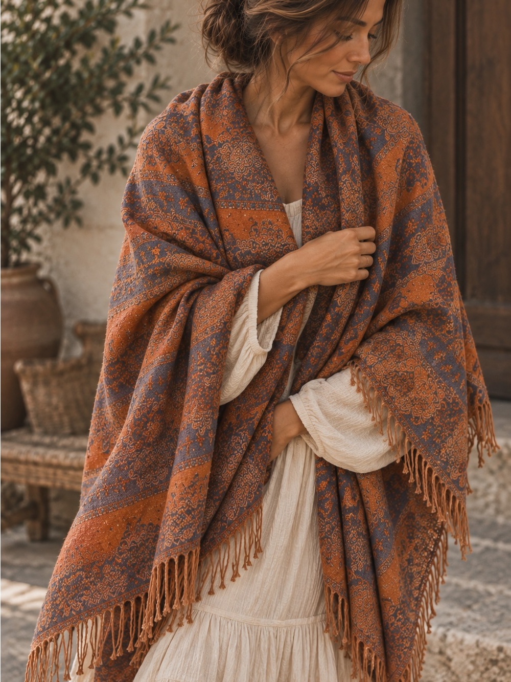 Boho Wool Fringe Shawl Wrap in Rust and Slate ONE SIZE